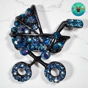 Baby Stroller Brooch Pin Blue Rhinestone Crystal Silver Tone Jewelry Boy Shower
